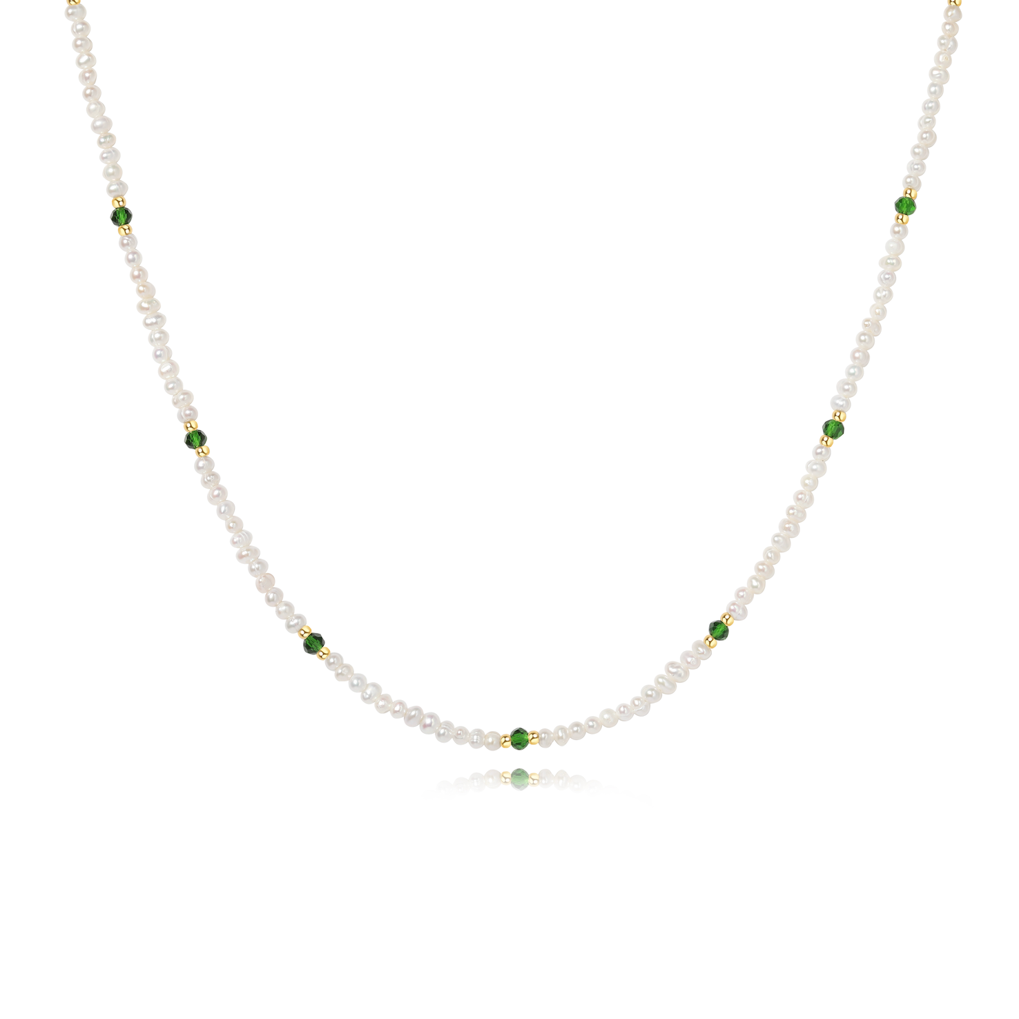 white freshwater pearl necklace with green gold beads stainless steel