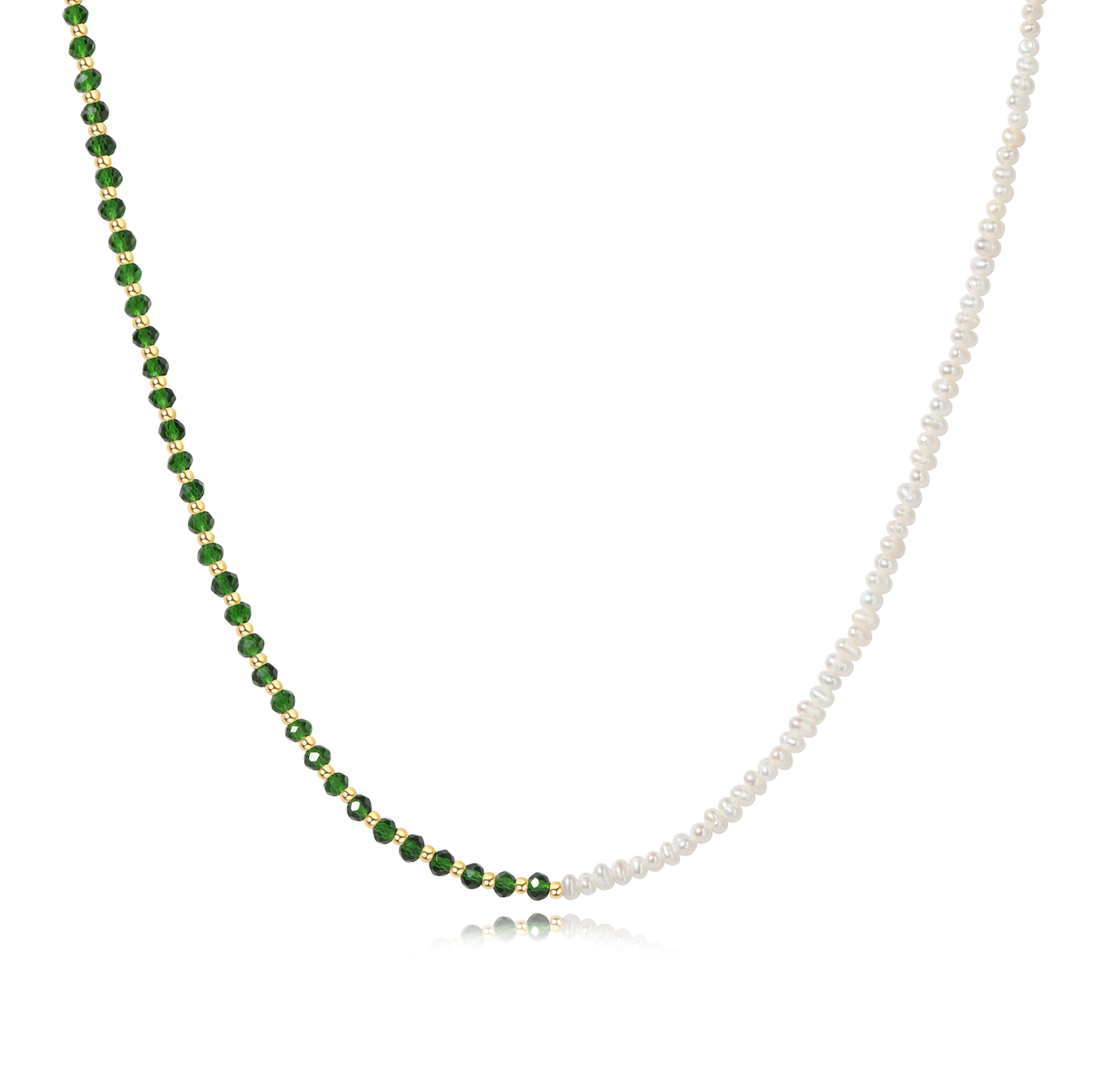 necklace with white freshwater pearls and green gold stainless steel beads
