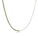 necklace with white freshwater pearls and green gold stainless steel beads