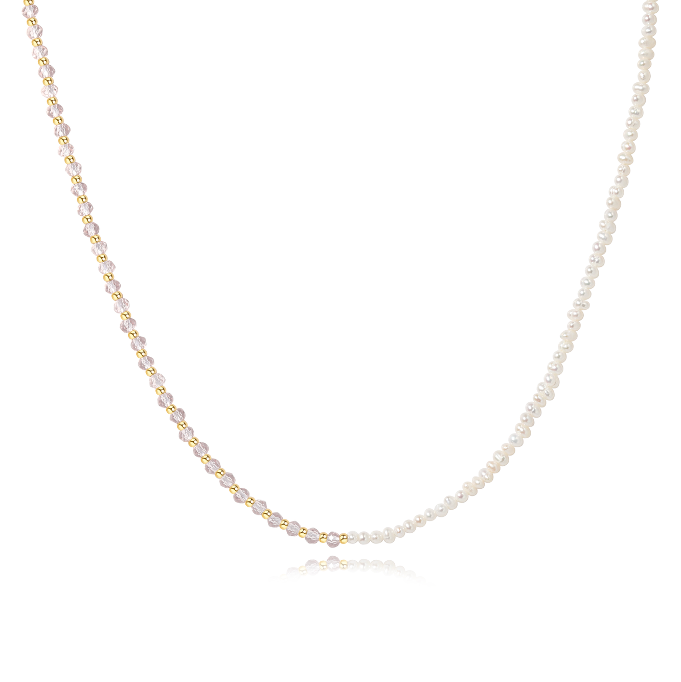 necklace with white freshwater pearls and pink gold stainless steel beads