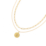 Gold Necklace Layering Set Made From Waterproof Stainless Steel Link Chain Sunburst Pendant