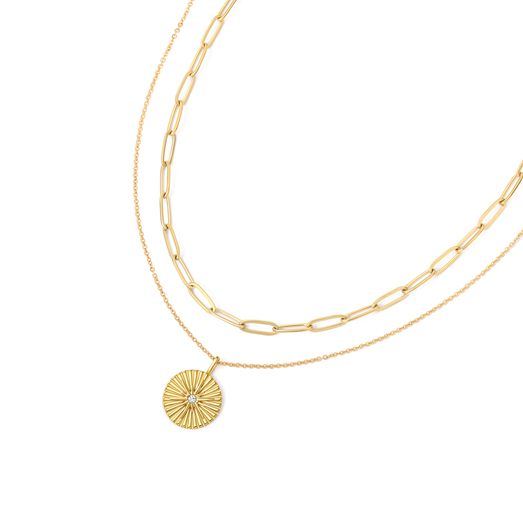 Gold Necklace Layering Set Made From Waterproof Stainless Steel Link Chain Sunburst Pendant