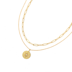 Gold Necklace Layering Set Made From Waterproof Stainless Steel Link Chain Sunburst Pendant