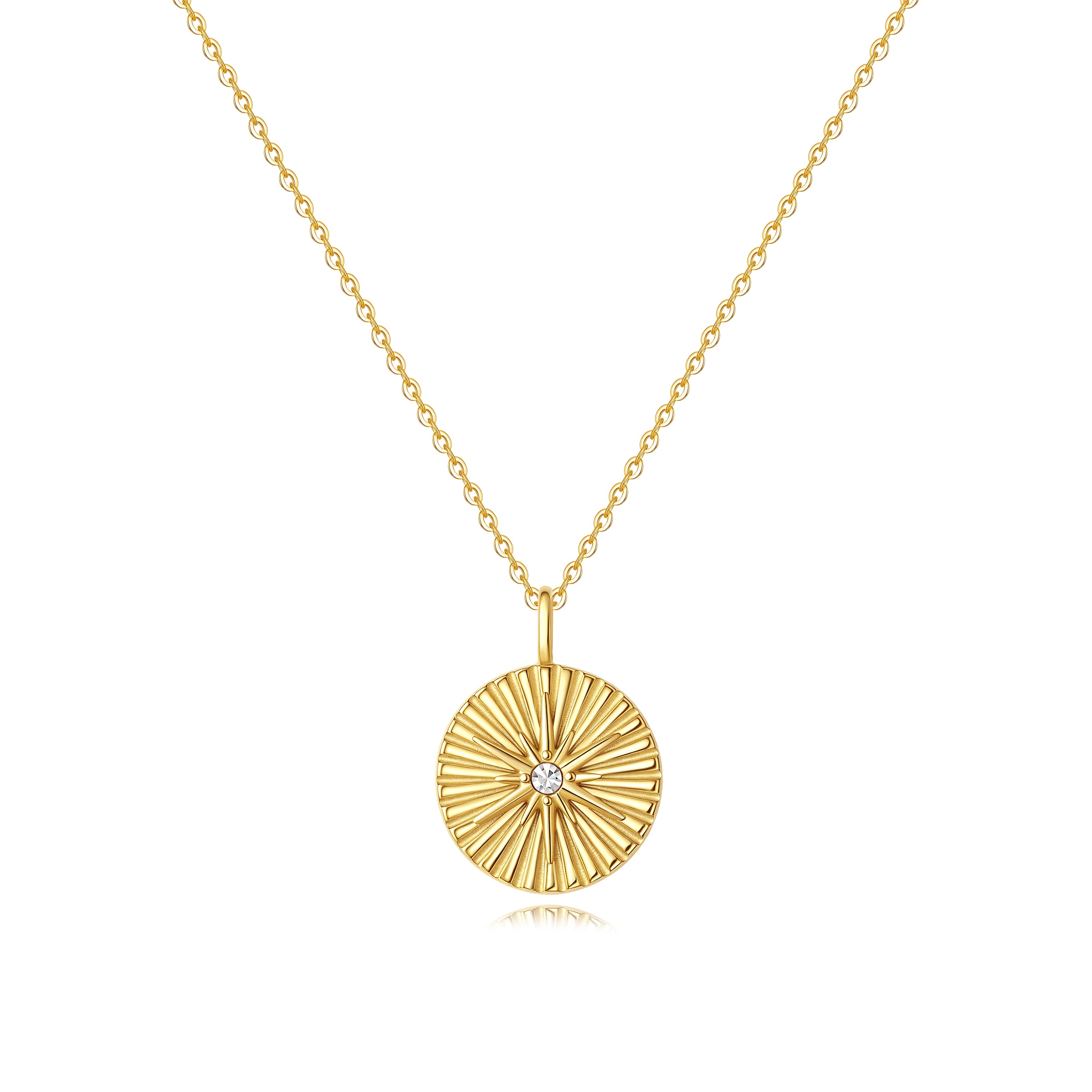 gold fine chain necklace with round sunburst sparkle pendant, waterproof tarnish resistant, stainless steel