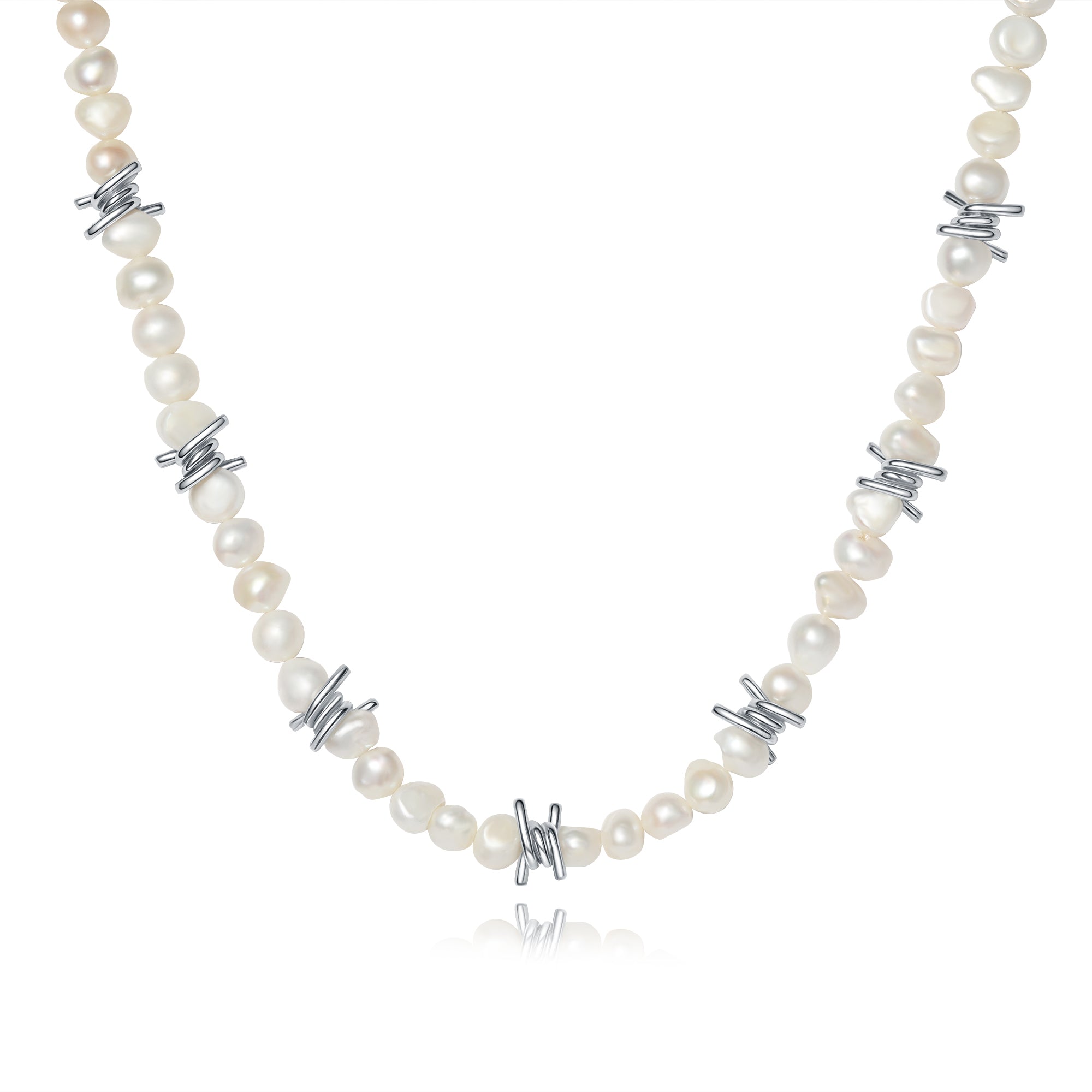 Jo barbed wire charm necklace, freshwater pearls, stainless steel