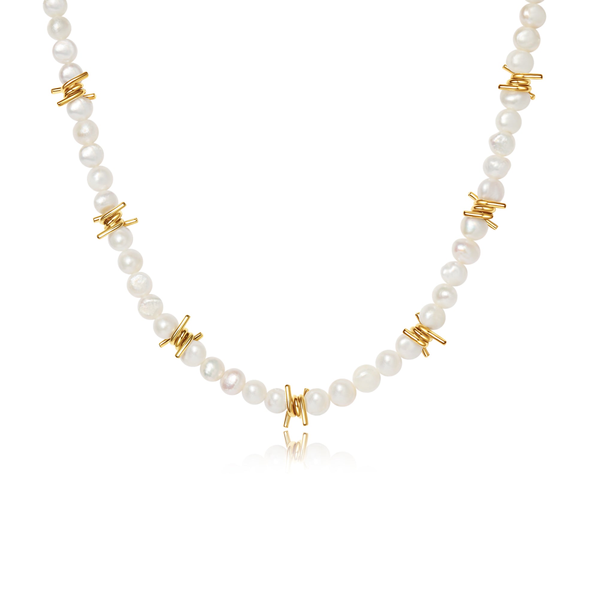 Jo gold barbed wire charm necklace with chunky freshwater pearls, waterproof stainless steel