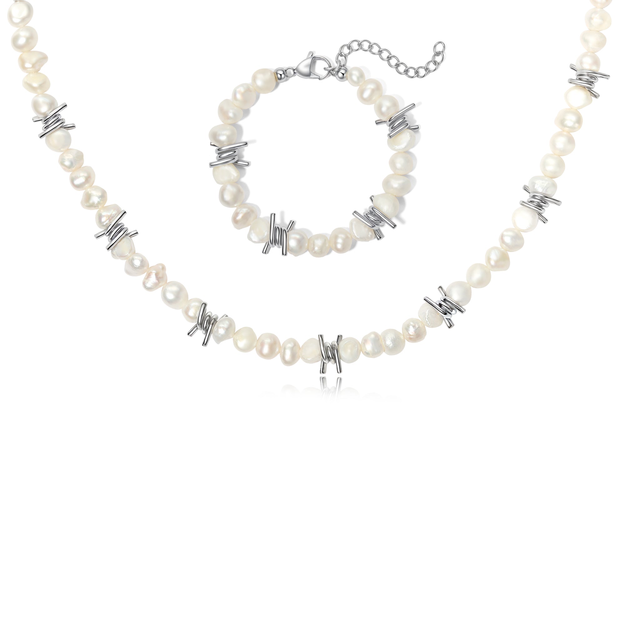 product image of jo white and silver stainless steel barbed wire necklace bracelet set