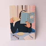 Reading in Cafe Illustrated Postcard