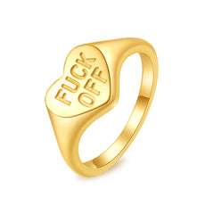 gold plated heart ring with fuck off engraved, waterproof stainless steel