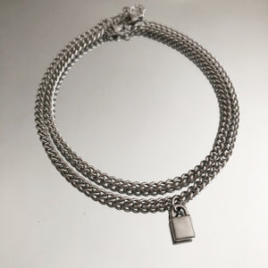 Silver Stainless Steel Curb Chain and Padlock Chain Necklace Layering Set